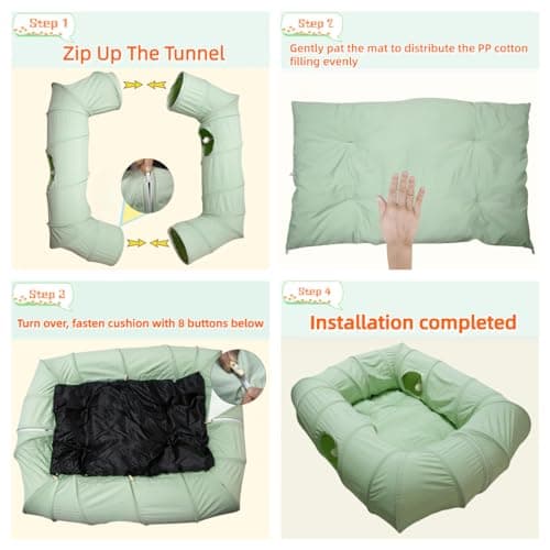 XxingSheep 4 Ways Shuttled XL Cat Tunnel Bed for Indoor Cats Peekaboo Cat Cave Donut with Cool Mat (Green) - Thumbnail 6