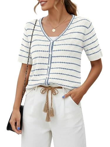 COCCKO Womens V Neck Summer Striped Cardigan Puff Sleeve Ruffle Lightweight Knit Sweaters Open Front Button Down Tops Blue M - Thumbnail 2