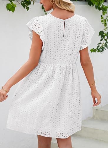 Dokotoo White Dresses for Women 2026 Casual Spring Outifits Eyelet V Neck Beach Vacation Clothes Cotton Mini Dress Ruffle Sleeve A Line Cut Out Lace Dress Fashion Elegant Sun Dress X-Large - Thumbnail 2