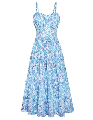 GRACE KARIN 2026 Women's Spaghetti Vacation Sundress Summer Beach Flowy Boho Floral Maxi Dresses with Pockets Blue Floral M - Image 1