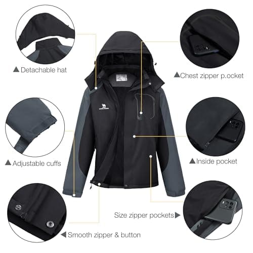 CAMELSPORTS Mens Winter Jacket Waterproof Warm Snow Ski Jackets Faux Fur Fleece Rain Coats with Removable Hood - Thumbnail 6