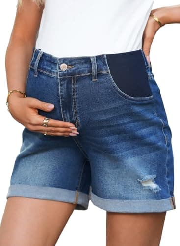 BLENCOT Maternity Jean Shorts for Women Under Belly Pregnancy Trendy Ripped Casual Summer Fold Hem Stretchy Shorts Denim Dusk Blue S - Image 1