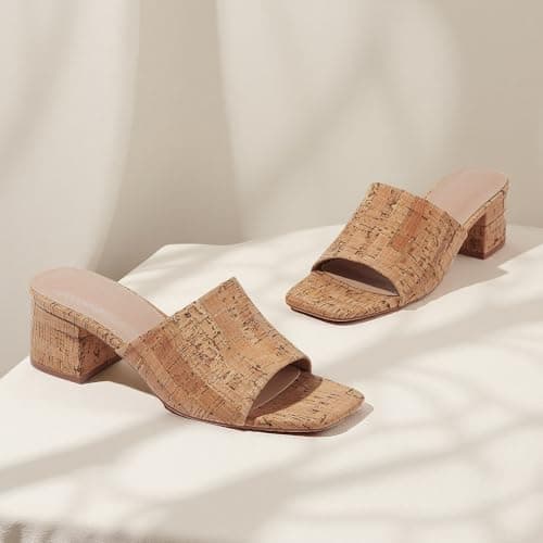 MeiLuSi Raffia Heeled Sandals for Women, Chunky Block Heels Dressy Summer Heels Vacation Beach Slides Sandals Slip On Cork Size 7 - Thumbnail 6