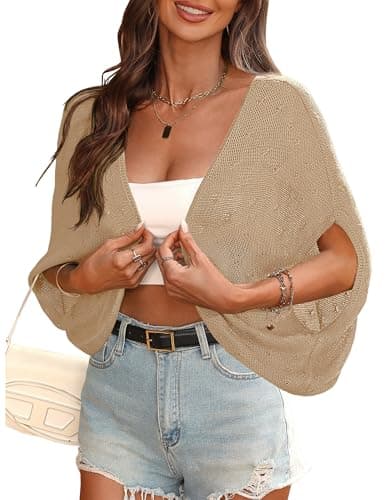 Womens Cardigan Summer Short Sleeve Bolero Shrug Sweaters Tops Lightweight Kimono Cover Up Cropped Cardigan Apricot S - Image 1