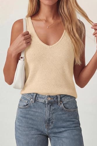 PRETTYGARDEN Women Summer Tank Tops 2026 Basic Sleeveless V Neck Lightweight Knit Beach Vacation Clothes Going Out Top(Beige,Small) - Thumbnail 4