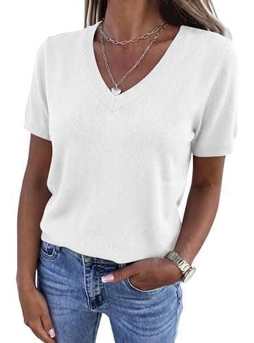 PRETTYGARDEN Womens Short Sleeve Sweaters V Neck Business Casual Tops Lightweight Sweater Shirts 2026 Summer Spring Outfits (White,Medium) - Image 1