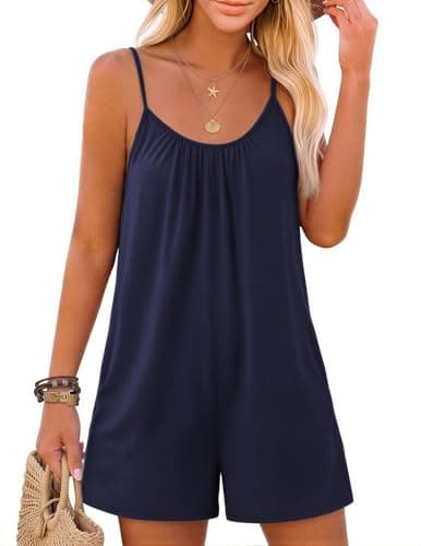 Ekouaer Summer Rompers for Women Boho Beach Vacation Outfits Sleeveless Loose Shorts Overalls 2026 Jumpsuit With Pockets Navy Blue L - Image 1