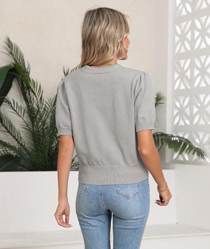 COSSEN Cardigan for Women Trendy Dressy Light Grey Medium V Neck Bolero Crop Coat Crochet Button Down Short Sleeve Short Tops Open Front Lightweight Jacket Summer Knit Cropped Shrug for Dress - Thumbnail 2
