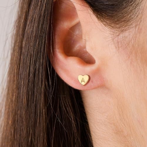 BAYLAY Heart Initial Earrings for Women - 18K Gold Plated Letter D Initial Earrings Hypoallergenic Earrings for Women Dainty Gold Heart Stud Earrings Gold Jewelry - Thumbnail 3