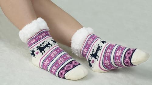 BenSorts Kids Winter Slipper Socks Warm Soft Christmas Fleece Fuzzy Gift For Girls Boys Cute Purple Reindeer 8 9 10 11 12 Years - Thumbnail 5