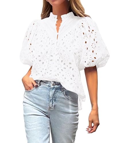 BTFBM Womens Blouses Summer Hollow Out Eyelet Embroidery Tops V Neck Buttons Puff Sleeve Boho Shirts Spring Fashion 2026(White, Large) - Thumbnail 3