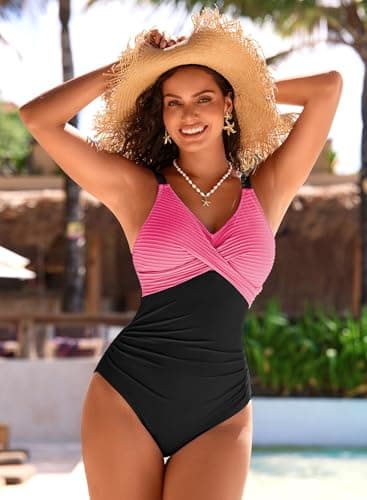 Pink Queen One Piece Swimsuits Women Patchwork Ruched Tummy Control Modest Bathing Suit Pool Swimming Wear Pink XL - Thumbnail 2