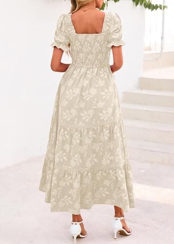 Lazysmile Women's Summer Boho Floral Maxi Dress Short Sleeve Square Neck Smocked Ruffle Elegant Wedding Guest Dress Apricot - Thumbnail 2