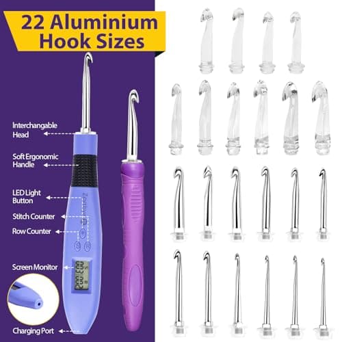 22 Size Crochet Hook Set with Light & Digital Counter, Ergonomic for Arthritic Hands, 2.0–14.0 mm Interchangeable Hooks, Rechargeable and Beginner-Friendly - Thumbnail 2