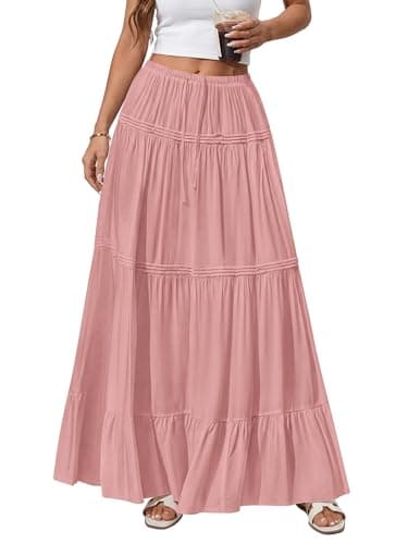 BTFBM Spring Skirts for Women 2026 Summer Boho Beach Vacation Clothes Casual Pleated High Waisted Flowy Maxi Skirt(Pink, X-Large) - Thumbnail 4
