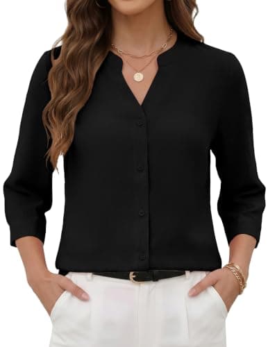 Zelroxa Womens Black 3/4 Sleeve Button Down Up Dress Shirts Business Casual Professional Work Tops 2026 Summer V Neck Guaze Office Loose Fit Blouse Trendy Outfits Clothing - Image 1