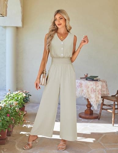 LOOKBOHO Women Spring Jumpsuits Dressy Casual One Piece Outfits Sleeveless V Neck Wide Leg Pants Elegant Rompers(AT,XXL) - Thumbnail 2