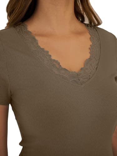 GKBK V Neck T Shirts for Women Lace Tops Going Out Casual Ribbed Tight Fitted Shirts Basic Tee Shirt 2026 Spring Clothes Summer Fashion Outfits Trendy Brown - Thumbnail 4