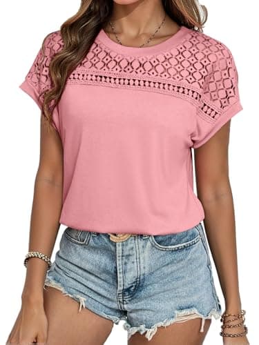 Glamaker Womens Tshirts Summer Casual Tops Trendy Cap Sleeve Lack Crewneck Knitted Dressy Fashion Tee Shirts Blusas Pink S - Image 1