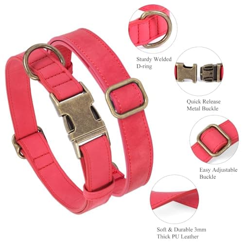 Jumpress Soft Leather Dog Collar for Small Medium Large Dogs, Heavy Duty Dog Collar with Quick Release Metal Buckle, Durable & Adjustable for Medium Dogs Walking (Red, M) - Thumbnail 2