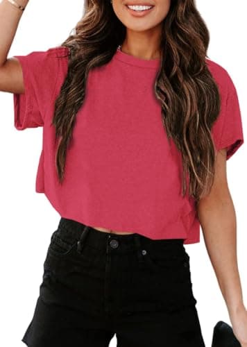 UNCLECAT Women's Cropped T Shirts Trendy Short Sleeve Crew Neck Crop Tops Solid Basic Tee Deep Red - Image 1