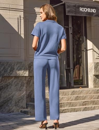difficort Women's 2 Piece Matching Lounge Sets Summer Lapel Half Zip Sweatshirts Wide Leg Pants Casual Sweat Suit, Haze Blue, Small - Thumbnail 6