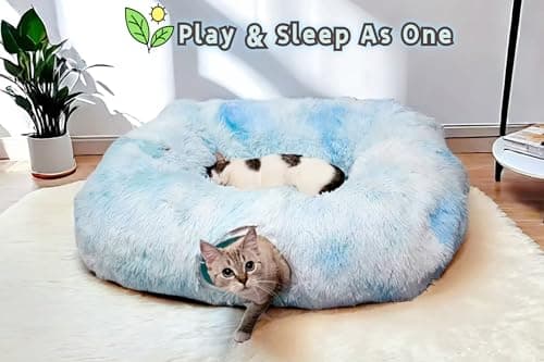XxingSheep XL Cat Tunnel with Bed for Indoor Cats Peekaboo Cat Cave Donut Toy with Warm Mat,Azure Blue - Thumbnail 2