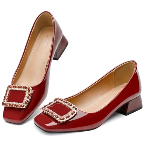 QFDZLA Women's Low Chunky Block Heel Pumps Comfortable Leather Square Toe Dress Shoes Slip On Block Heel for Office Lady Shoes Burgundy Size 10 - Image 1