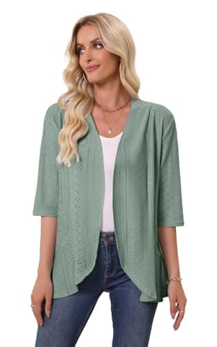 Askyes Women's Casual Cardigan Eyelet Embroidery Open Front Spring Loose Lightweight Beach Cardigan 3/4 Sleeve,Grayish Green,XL - Thumbnail 4