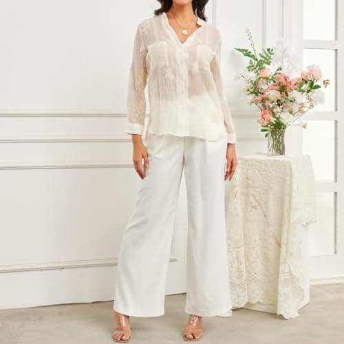 Women Roll Up V Neck Button Down Shirt Tunic Ladies Cotton See Through Embroideried Lightweight Boho Sheer Ivory Cream Off White Light Beige Ecru Elegant Shirts X-Large XL for Beach Holiday Vocation - Thumbnail 4