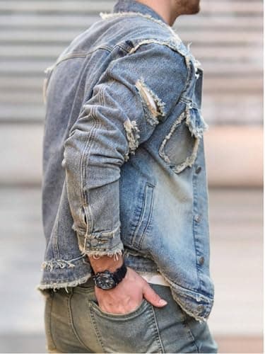 Huang's Men's Denim Jacket with Distressed Ripped Details Classic Fit Non - Stretch Fabric Cool Stylish Caual Coat (US, Alpha, XX-Large, Regular, Regular, Y043) - Thumbnail 5