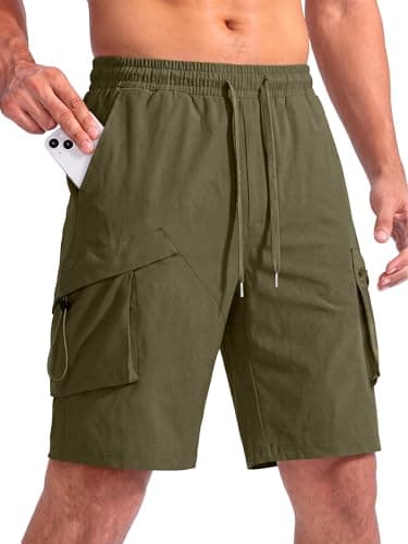 Crastimo Mens Hiking Cargo Shorts Quick-Dry 11''Water Resistant Drawstring Wlastic Waist 4 Multi-Pockets Pants Fishing Travel Casual Green XXL