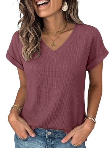 ANRABESS Womens Waffle Knit Tops 2026 Summer Casual Short Sleeve V Neck T Shirts Basic Work Tee Spring Vacation Blouses Mauve X-Large - Image 1