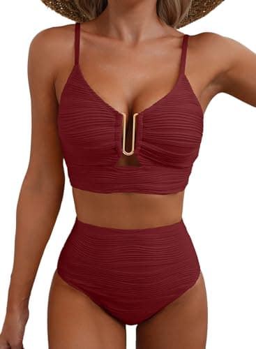 Herseas Ribbed Two Piece Bikini Sets High Waisted V Neck Popular Swimsuits Spaghetti Straps Swimwear Push Up Full Coverage Bathing Suit for Women Tankini Burgundy X-Large - Image 1