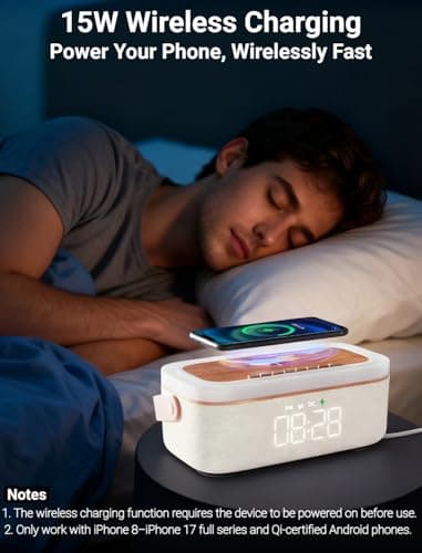 PLUWEL 4-in-1 Alarm Clock Bedrooms for Heavy Sleeper, Bluetooth Clock Sync with Phone, Portable Bluetooth Speaker, 15W Wireless Charging Station, Ambient Mood Night Light, Trendy Gift Room Decor - Thumbnail 3