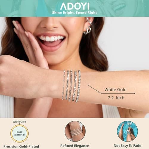 adoyi Silver Bracelets for Women, 14K Gold Plated Stackable Bracelet Stack Set Adjustable Charm Paperclip Chain Cuban Link Layered Waterproof Jewelry Gifts for Womens 7.2 Inch - Thumbnail 5