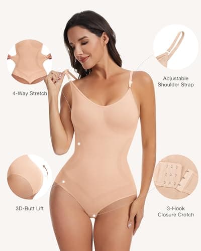 VIISHOW Shapewear for Women Tummy Control Seamless Bodysuit Waist Trainer Body Shaper Thong Underwear, Beige, X-Large - Thumbnail 3