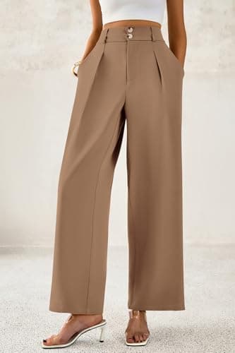CFLONGE Women Wide Leg Dress Pants High Waist Work Trousers Button Pleated Slacks Palazzo Pants Business Casual Outfits(Khaki,XX-Large) - Thumbnail 4