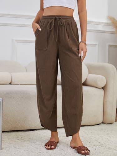 grewley Corduroy Pants for Women Casual Wide Leg Pants Womens Brown Trousers Baggy Drawstring Fall Pants Brown M - Thumbnail 2
