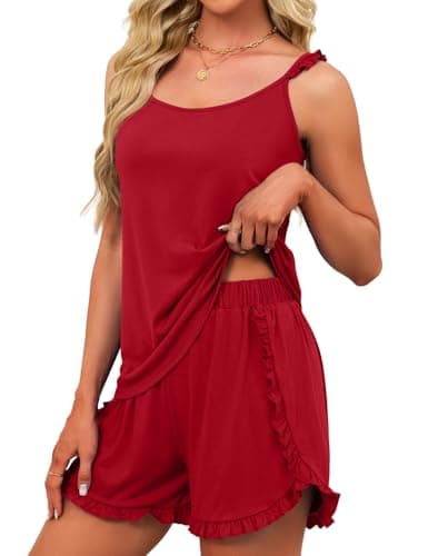 JUSTFASHIONNOW Shorts Pajama Set for Women Ruffle Cami Set Summer Two Piece Sets Cute Pjs Soft Lingerie Casual Tank Top Elastic Waist Split Shorts Sexy Camisole Lounge Set (Red, Medium) - Thumbnail 4
