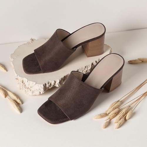Ancomafio Women's Heeled Sandals Chunky Heels Square Open Toe Mules Backless Block Sandals Slip On Chocolate Brown Size 10 - Thumbnail 5