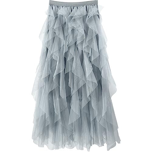 Women Tulle Skirts Layered Tutu Skirt Midi Length Elastic High Waist A Line Skirt (Gray) - Image 1