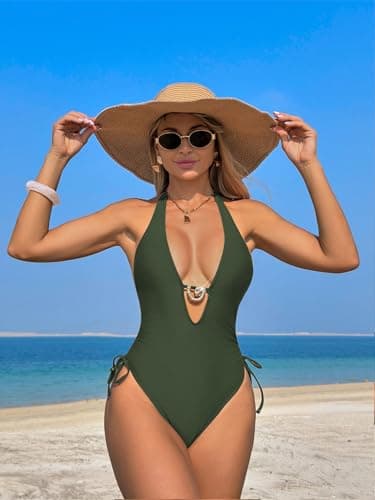 WODECASA Women‘s Sexy One Piece Swimsuit Halter Deep V Neck Side Drawstring Ruched High Cut Tummy Control Bathing Suit Monokini - Thumbnail 3