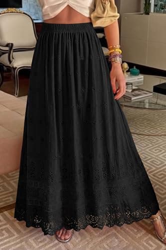 dowerme Women Summer Maxi Skirt Cute Elastic High Waist Boho Eyelet A-Line Cotton Flowy Long Skirts Spring Clothes 2026(Black,Medium) - Thumbnail 2