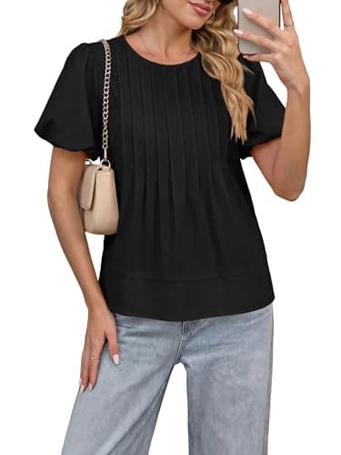 Funlingo Womens Blouses Summer Short Puff Sleeve Babydoll Tops for Women Casual Crew Neck Flowy Pleated Shirts Cute Clothes Black L - Thumbnail 2