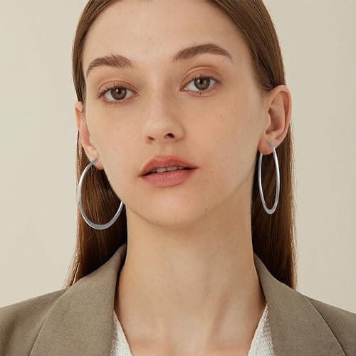Gacimy Large Silvertone Hoop Earrings for Women 14k White Gold Plated, Hypoallergenic Silvertone Earrings Hoops 50mm - Thumbnail 2