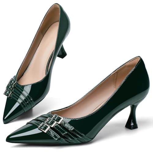 Green Kitten Heels for Women Leather Comfortable Closed Toe Pointed Toe Heels Wedding Party Dress Pumps Shoes Size 8 - Image 1