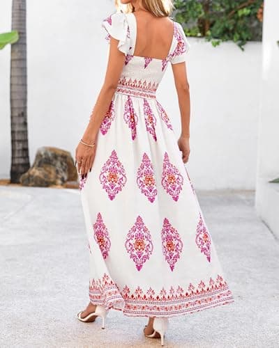 BTFBM Summer Dresses for Women 2026 Casual Floral Boho Sleeveless Square Neck A Line Flowy Beach Maxi Sundress Pockets(Floral White Rose Red, Small) - Thumbnail 3