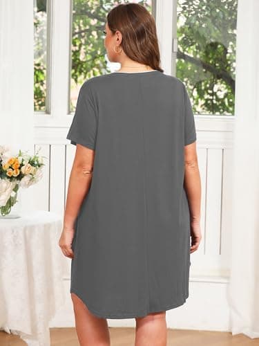 AusLook Plus Size Gray Nightgown for Women Midi Sleep 5X Dress Short Sleeve V Neck Loose Fit Lounge House Dress Soft Casual Night Dress - Thumbnail 4
