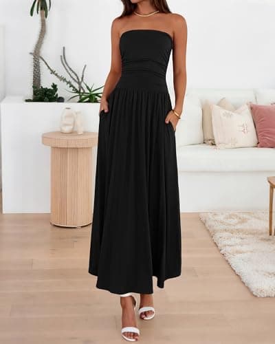 BTFBM Summer Maxi Dresses for Women 2026 Strapless Ruched Tube Top Beach Vacation Spring Wedding Guest Dress Pockets (Black, X-Large) - Thumbnail 6